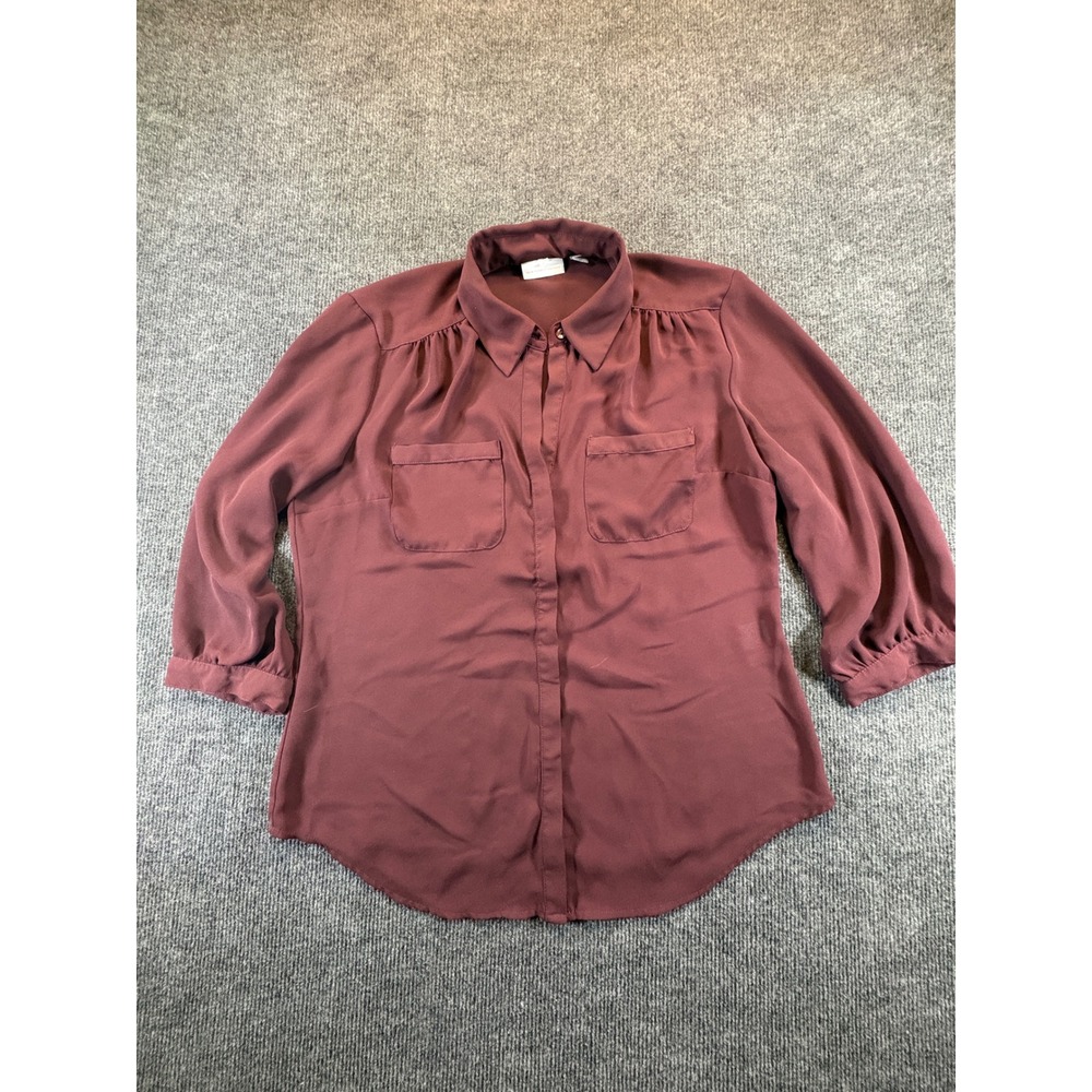 New York & Company Burgundy Button Down 3/4 Sleeve Blouse Pockets M CN120012